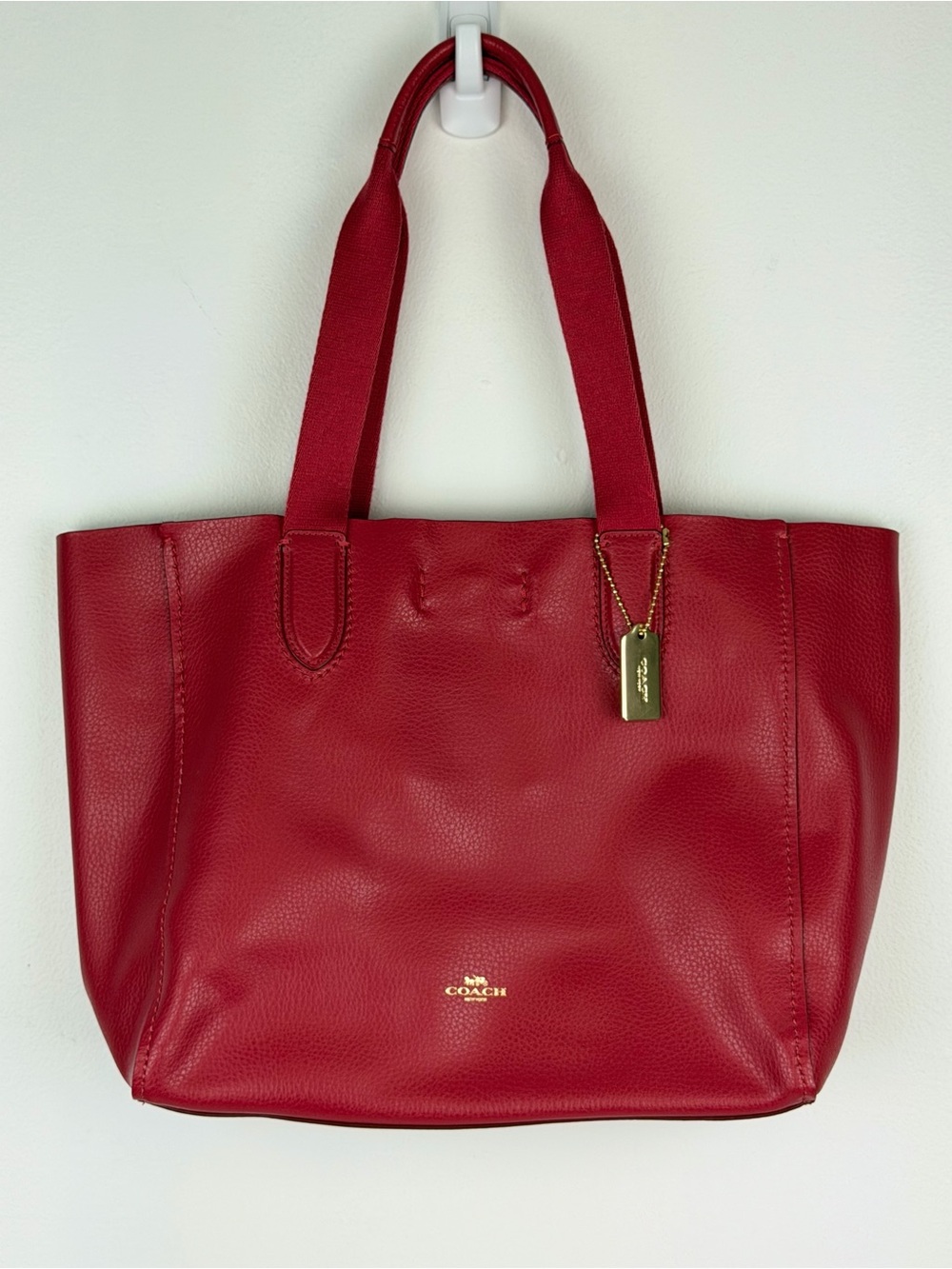 Coach Red Pebble Leather Derby Tote Bag with Gold Hardware